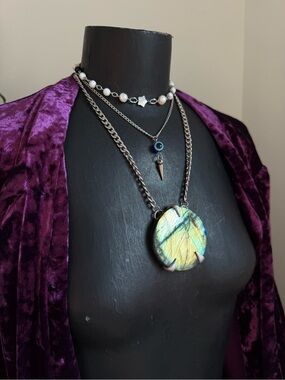 Labradorite crystal stack pendant necklace pearls evil eye jewelry protection
